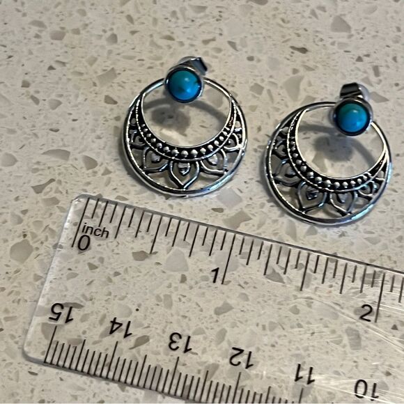 Elegant Faux Turquoise Lotus Stud Earrings - Picture 8 of 11